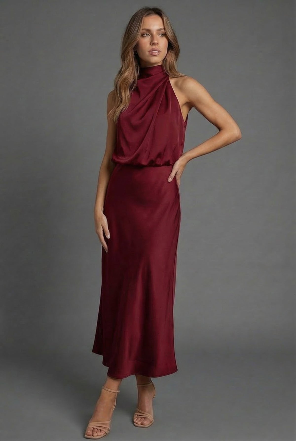 Satin Halterneck Open Back Midi Wedding Guest Dress | Haven Collection 10
