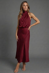 Satin Halterneck Open Back Midi Wedding Guest Dress | Haven Collection 10