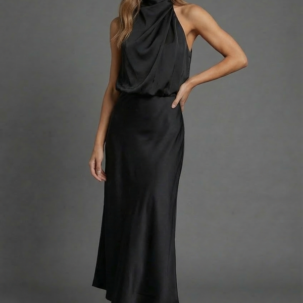 Satin Halterneck Open Back Midi Wedding Guest Dress | Haven Collection 2
