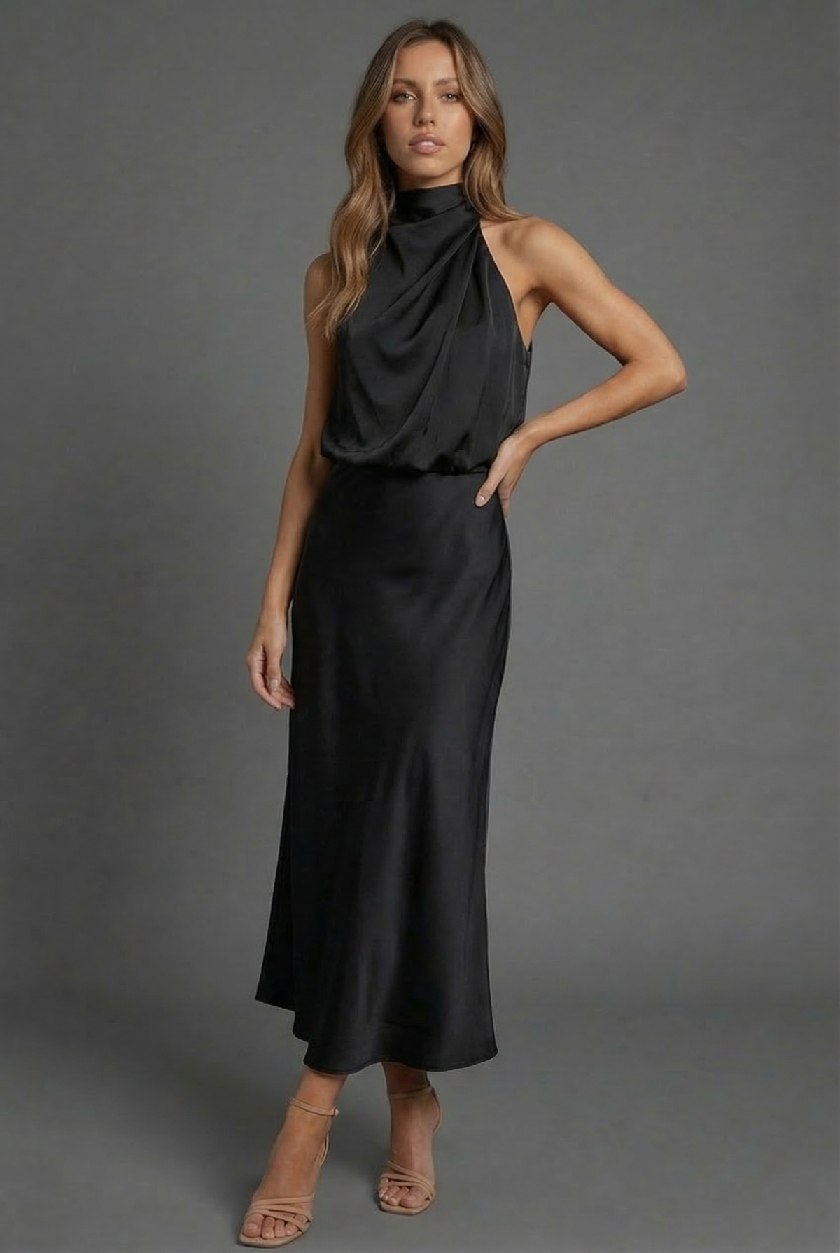 Satin Halterneck Open Back Midi Wedding Guest Dress | Haven Collection 2