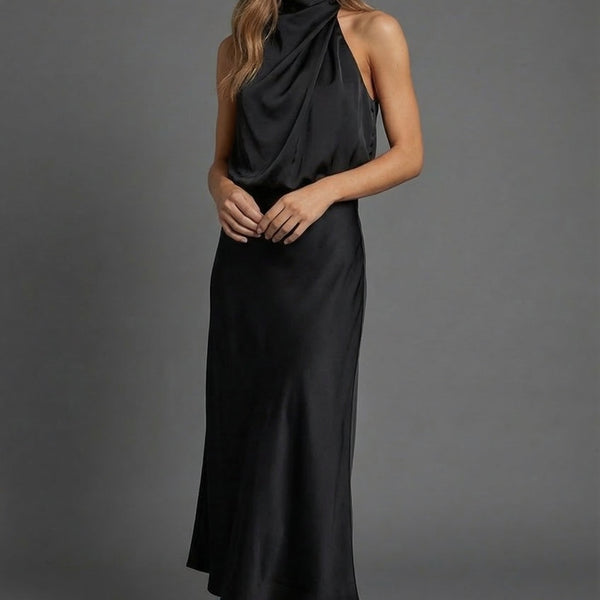 Satin Halterneck Open Back Midi Wedding Guest Dress | Haven Collection 3