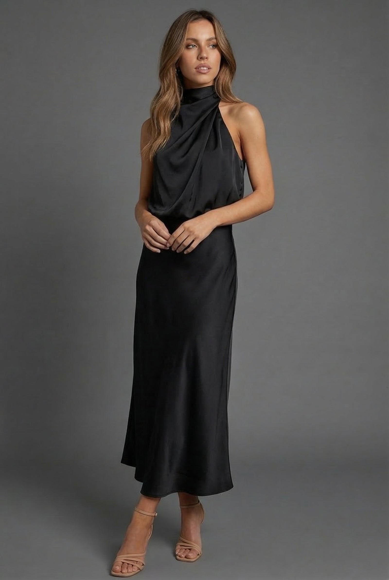 Satin Halterneck Open Back Midi Wedding Guest Dress | Haven Collection 3