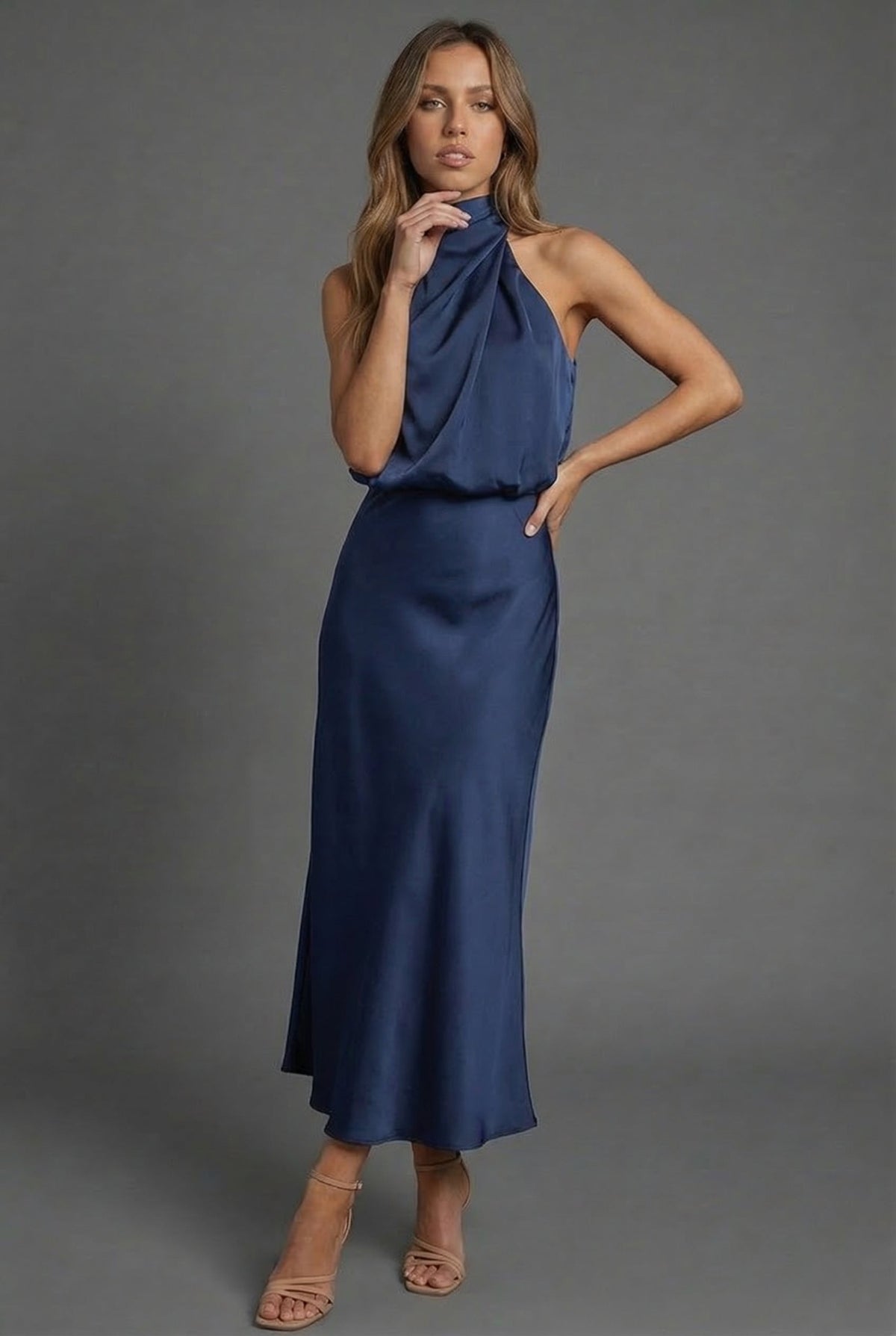 Satin Halterneck Open Back Midi Wedding Guest Dress | Haven Collection 5