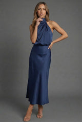 Satin Halterneck Open Back Midi Wedding Guest Dress | Haven Collection 5