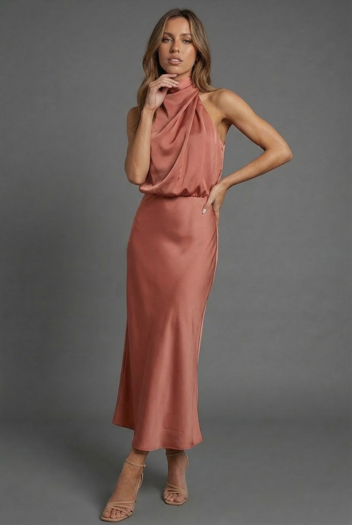 Satin Halterneck Open Back Midi Wedding Guest Dress | Haven Collection 6
