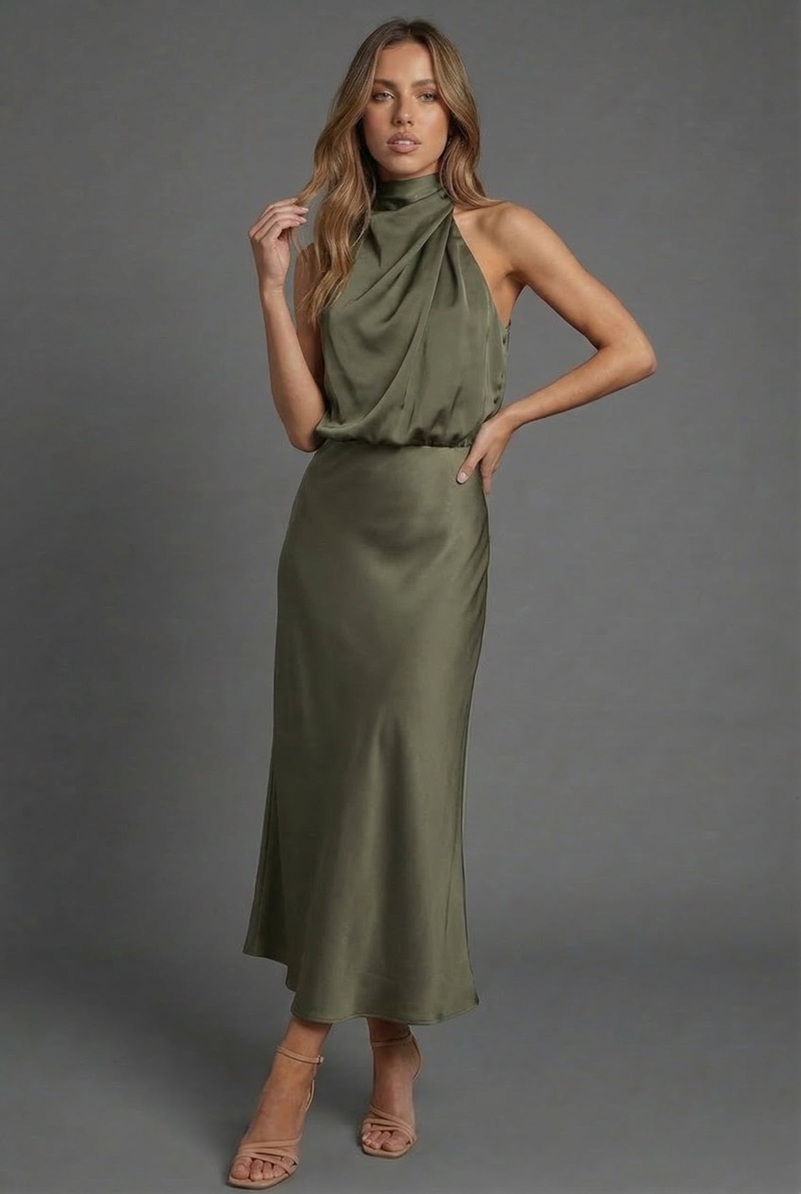 Satin Halterneck Open Back Midi Wedding Guest Dress | Haven Collection 8