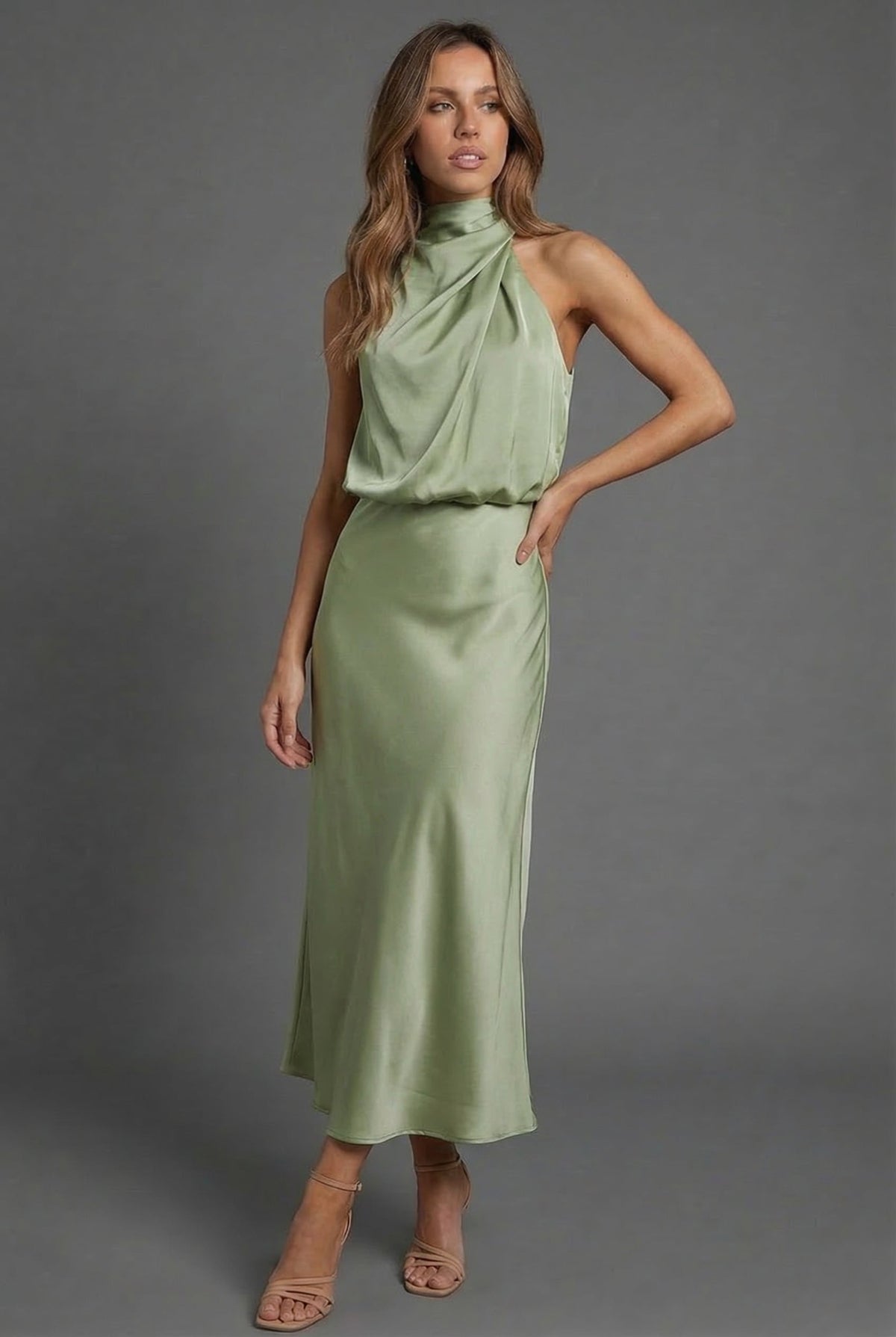 Satin Halterneck Open Back Midi Wedding Guest Dress | Haven Collection 9