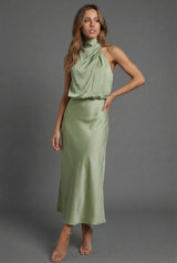 Satin Halterneck Open Back Midi Wedding Guest Dress | Haven Collection 9
