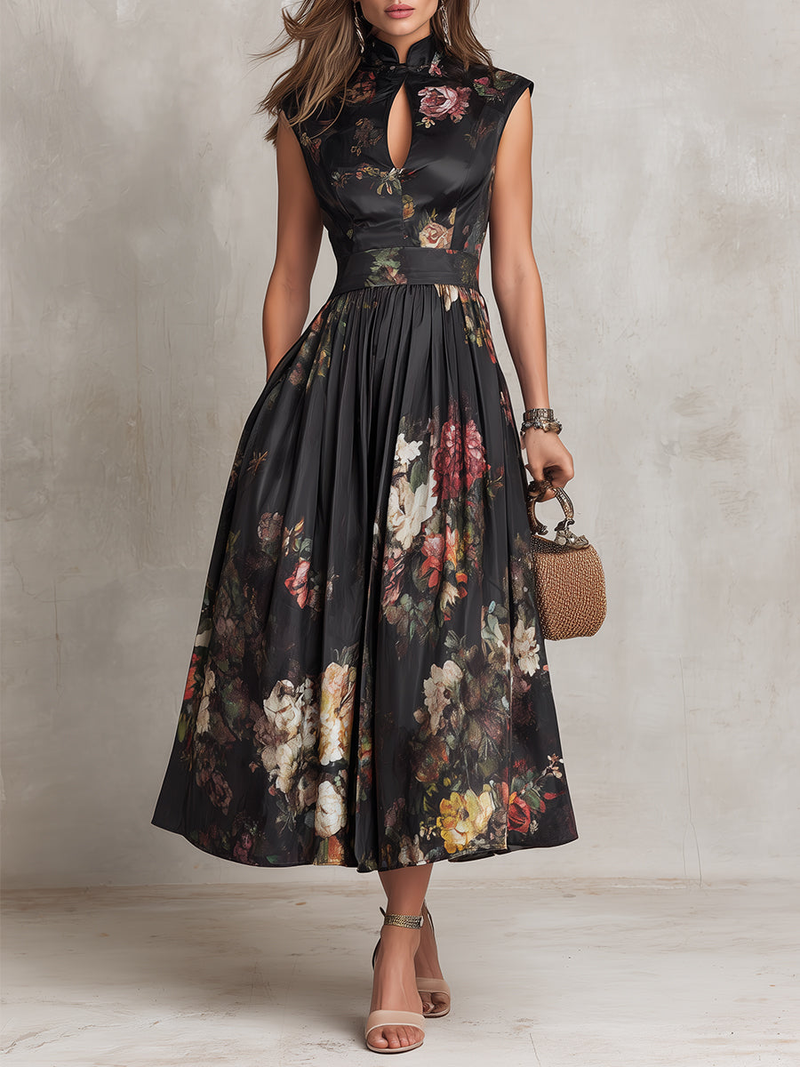 Satin Pleated Keyhole Collar Midi Formal Dress | Kallara Collection 0