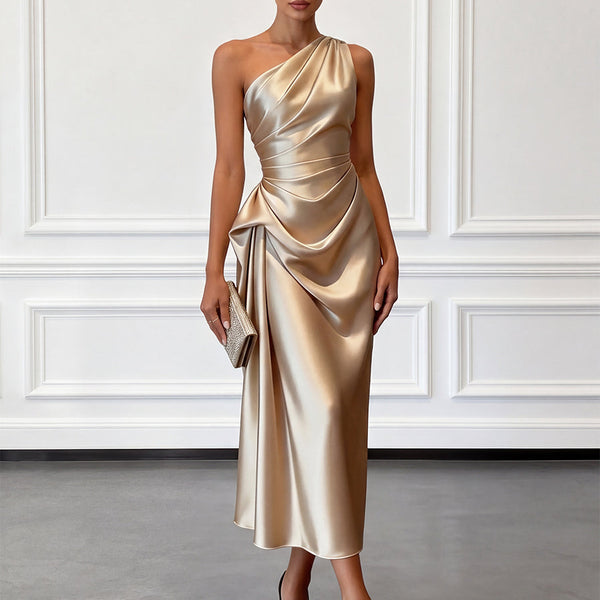 Satin Ruched One-Shoulder Midi Wedding Guest Dress | Seraphine Collection 0
