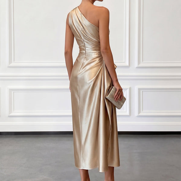 Satin Ruched One-Shoulder Midi Wedding Guest Dress | Seraphine Collection 1