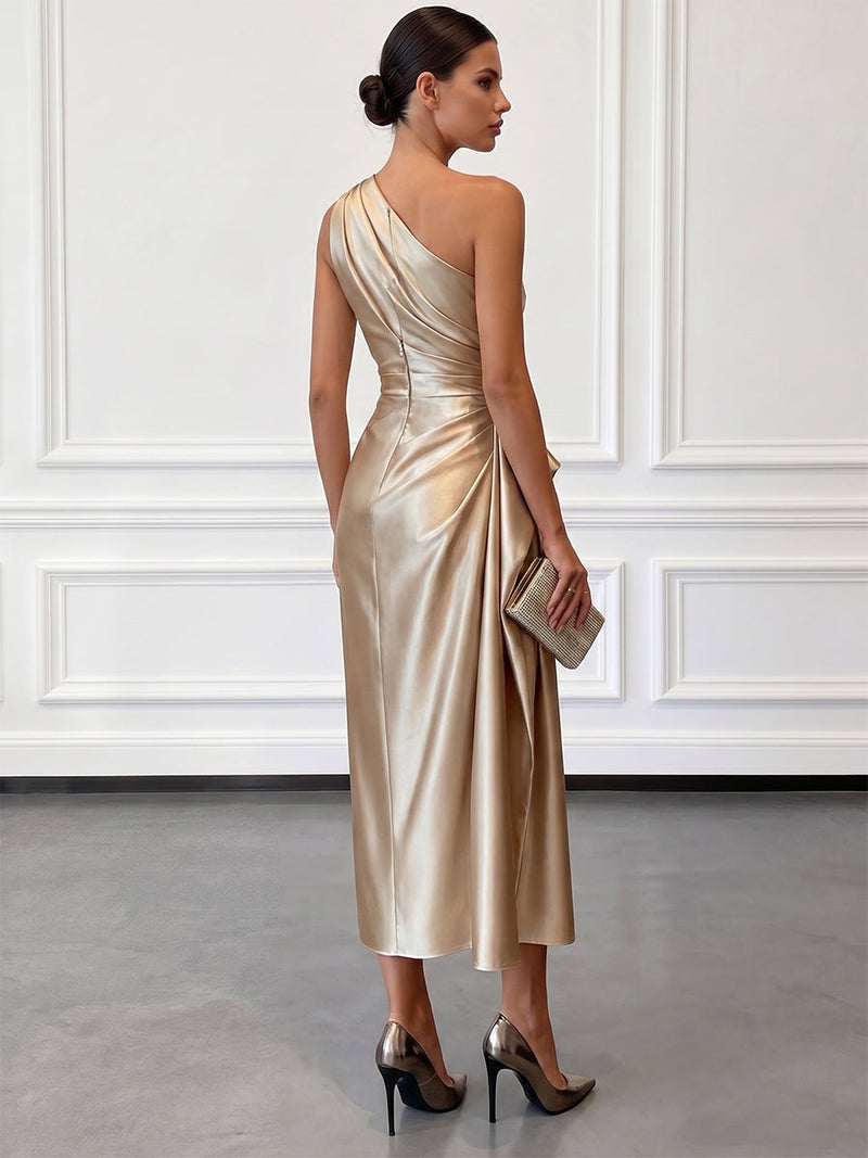 Satin Ruched One-Shoulder Midi Wedding Guest Dress | Seraphine Collection 1