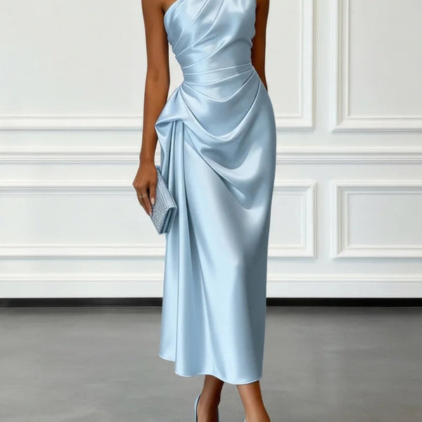 Satin Ruched One-Shoulder Midi Wedding Guest Dress | Seraphine Collection 2