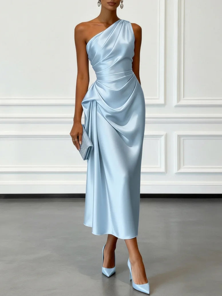 Satin Ruched One-Shoulder Midi Wedding Guest Dress | Seraphine Collection 2