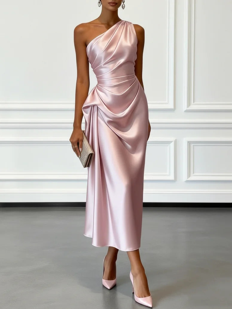 Satin Ruched One-Shoulder Midi Wedding Guest Dress | Seraphine Collection 3