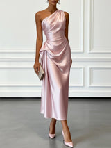 Satin Ruched One-Shoulder Midi Wedding Guest Dress | Seraphine Collection 3
