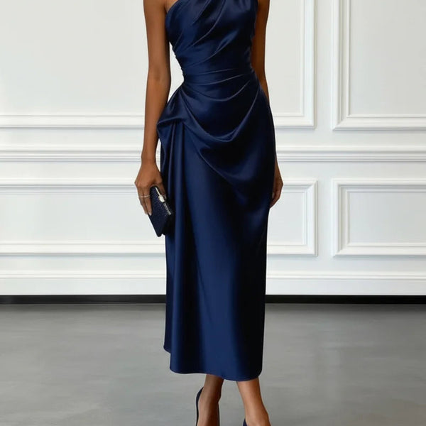 Satin Ruched One-Shoulder Midi Wedding Guest Dress | Seraphine Collection 4