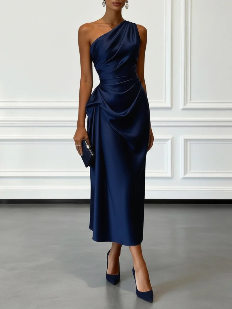 Satin Ruched One-Shoulder Midi Wedding Guest Dress | Seraphine Collection 4