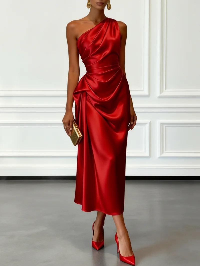 Satin Ruched One-Shoulder Midi Wedding Guest Dress | Seraphine Collection 5