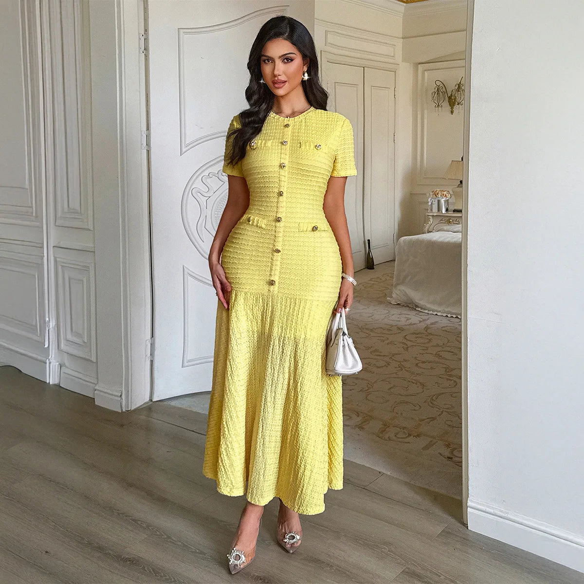 Short Sleeve Gold Button Fitted Flared Hem Midi Party Dress | Selene Collection