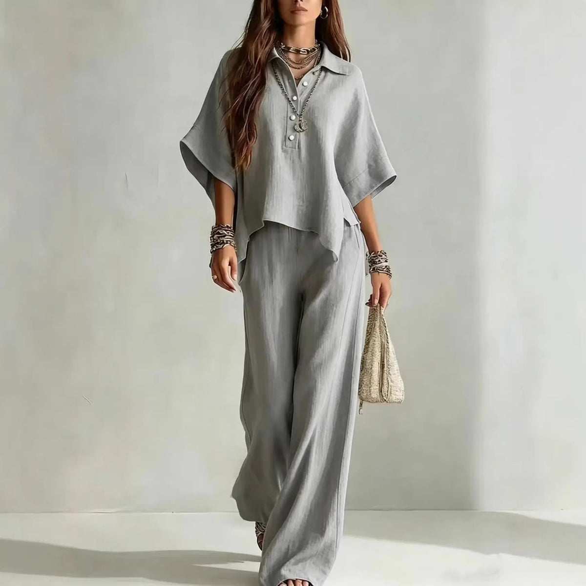 Half Sleeve Shirt and Wide Leg Trousers Two-Piece Set for Women | Selene Collection