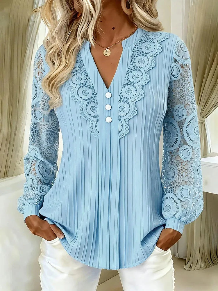 Lace Splice Notch Neck Button Front Ribbed Long Sleeve Blouse | Selora Collection