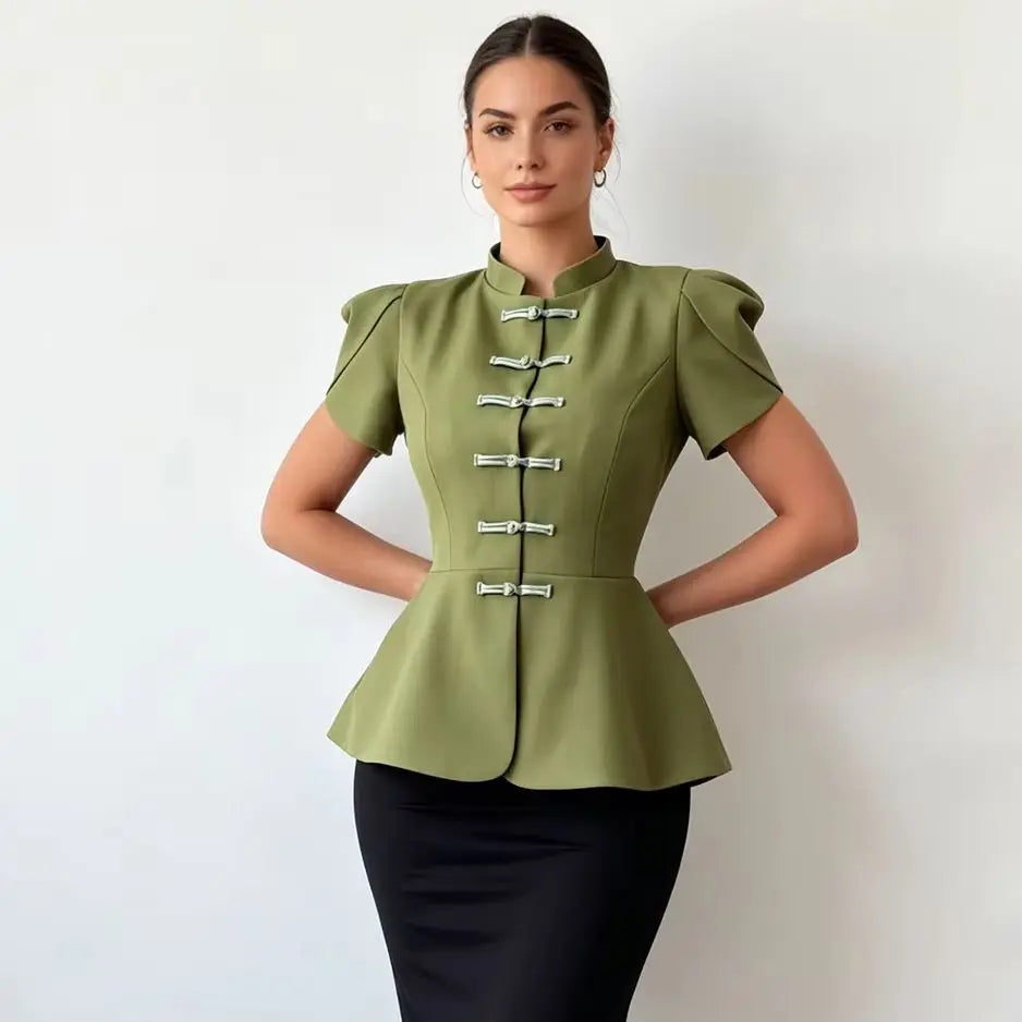 Frog Button Stand Collar Puff Sleeve Peplum Blouse | Selene Collection