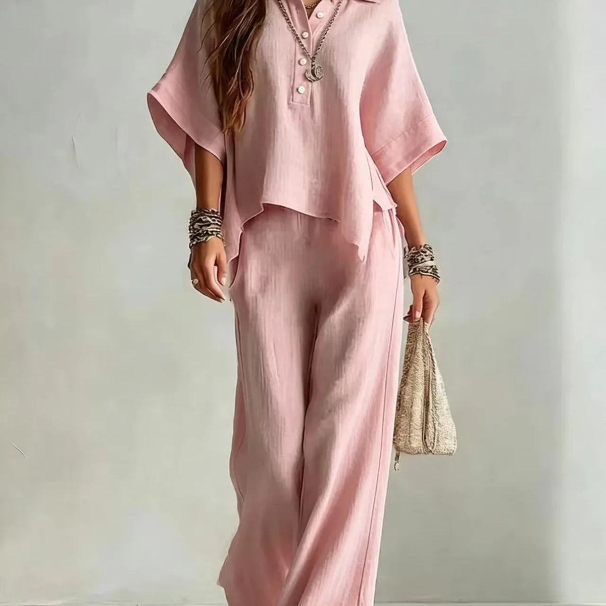 Half Sleeve Shirt and Wide Leg Trousers Two-Piece Set for Women | Selene Collection