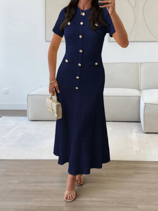 Short Sleeve Gold Button Fitted Flared Hem Midi Party Dress | Selene Collection