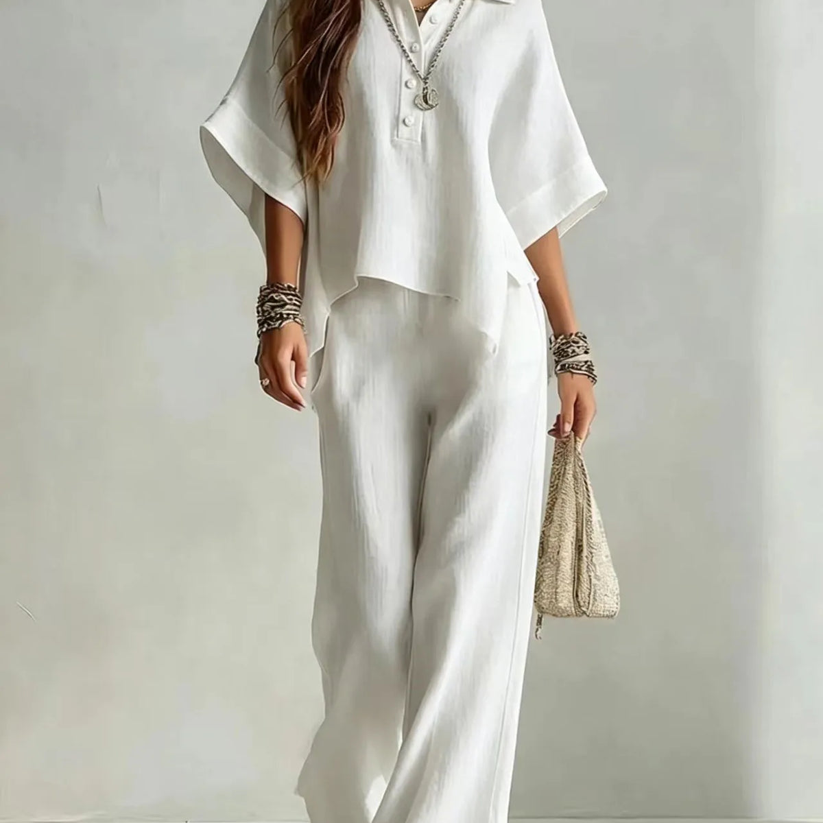Half Sleeve Shirt and Wide Leg Trousers Two-Piece Set for Women | Selene Collection