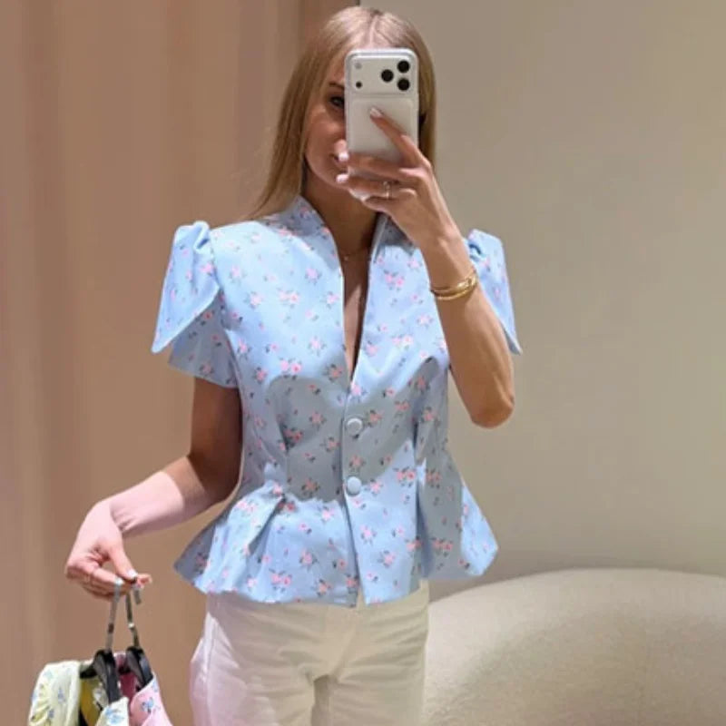 Puff Sleeve V-Neck Single Breasted Fitted Peplum Blouse | Selora Collection