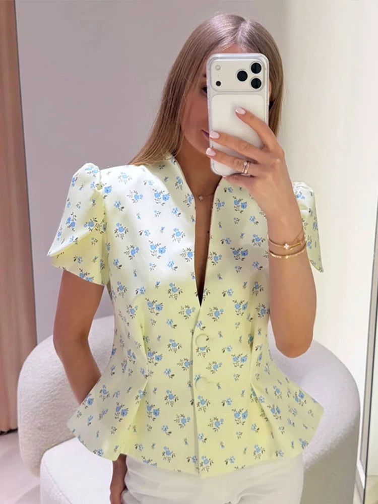 Puff Sleeve V-Neck Single Breasted Fitted Peplum Blouse | Selora Collection