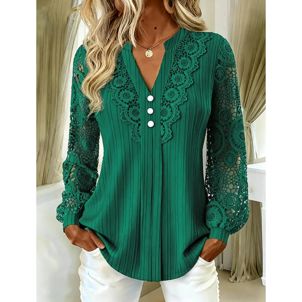 Lace Splice Notch Neck Button Front Ribbed Long Sleeve Blouse | Selora Collection
