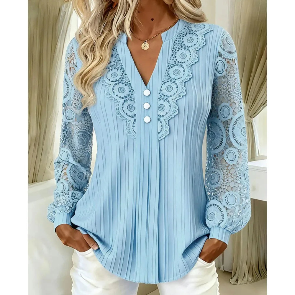 Lace Splice Notch Neck Button Front Ribbed Long Sleeve Blouse | Selora Collection