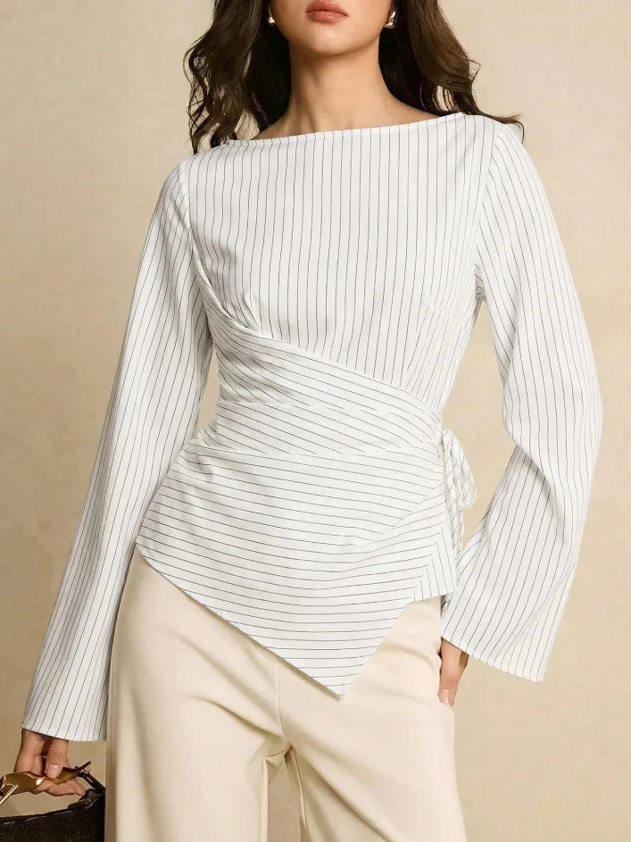 Pinstripe Boat Neck Flared Sleeve Tie Waist Asymmetric Hem Wrap Blouse | Serene Collection
