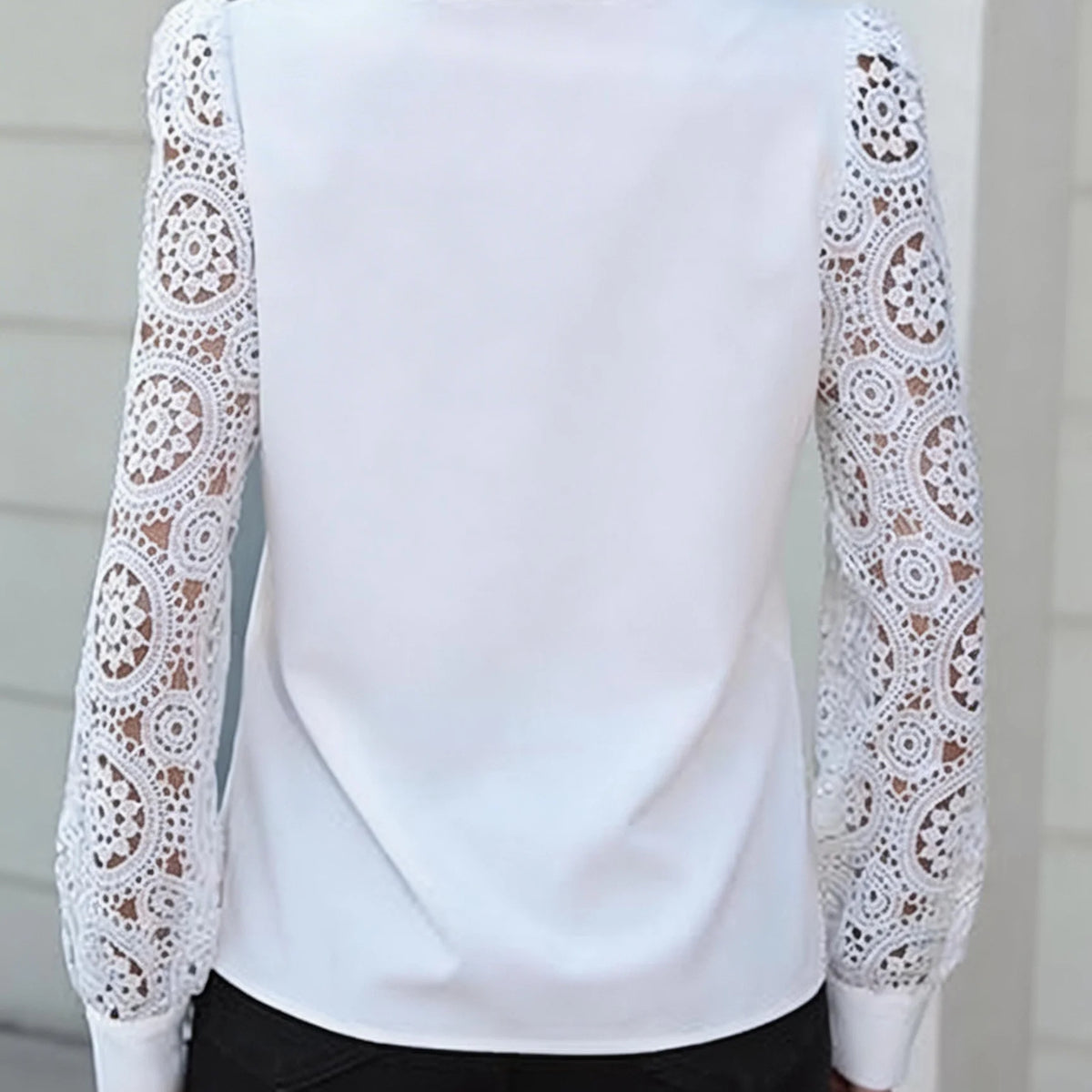 White Eyelet V-Neck Ruffle Front Long Sleeve Blouse | Selene Collection