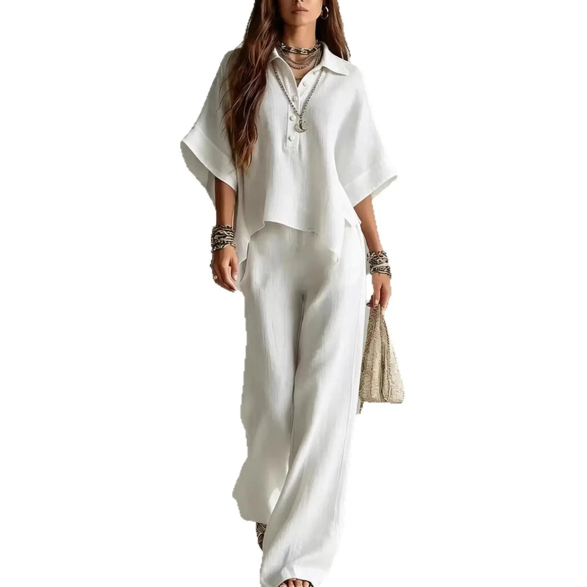 Half Sleeve Shirt and Wide Leg Trousers Two-Piece Set for Women | Selene Collection