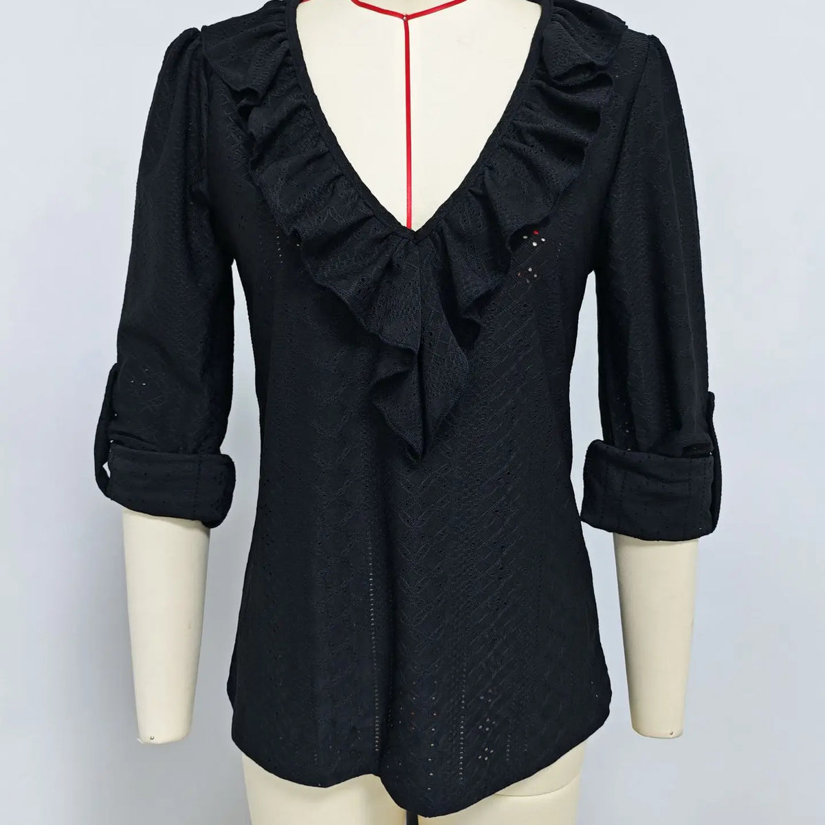 Broderie Anglaise V-Neck Ruffle Front Long Sleeve Blouse | Selene Collection