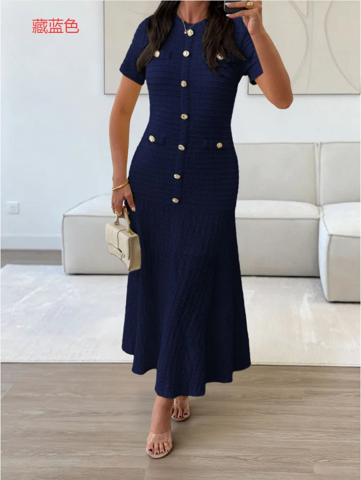 Short Sleeve Gold Button Fitted Flared Hem Midi Party Dress | Selene Collection