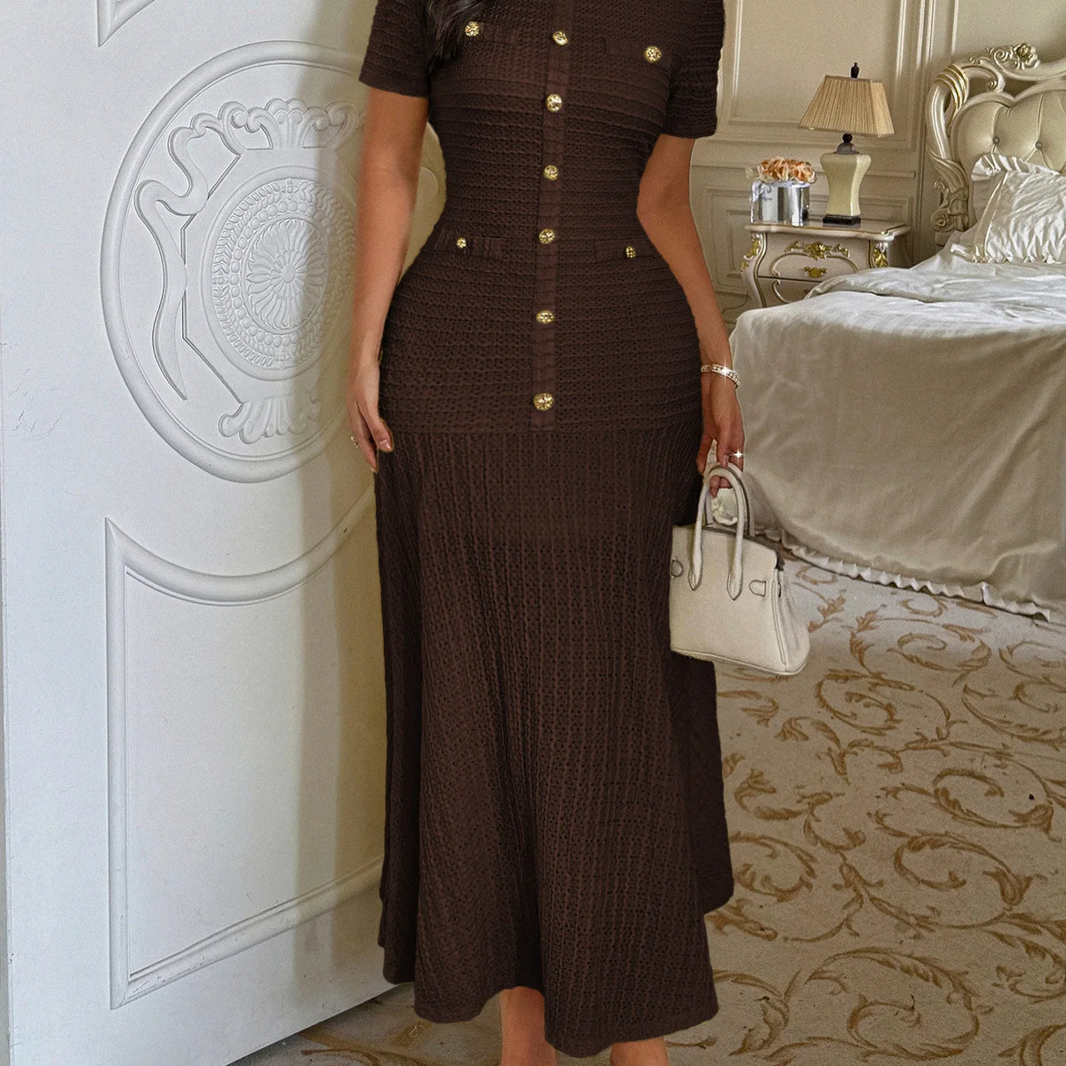 Short Sleeve Gold Button Fitted Flared Hem Midi Party Dress | Selene Collection