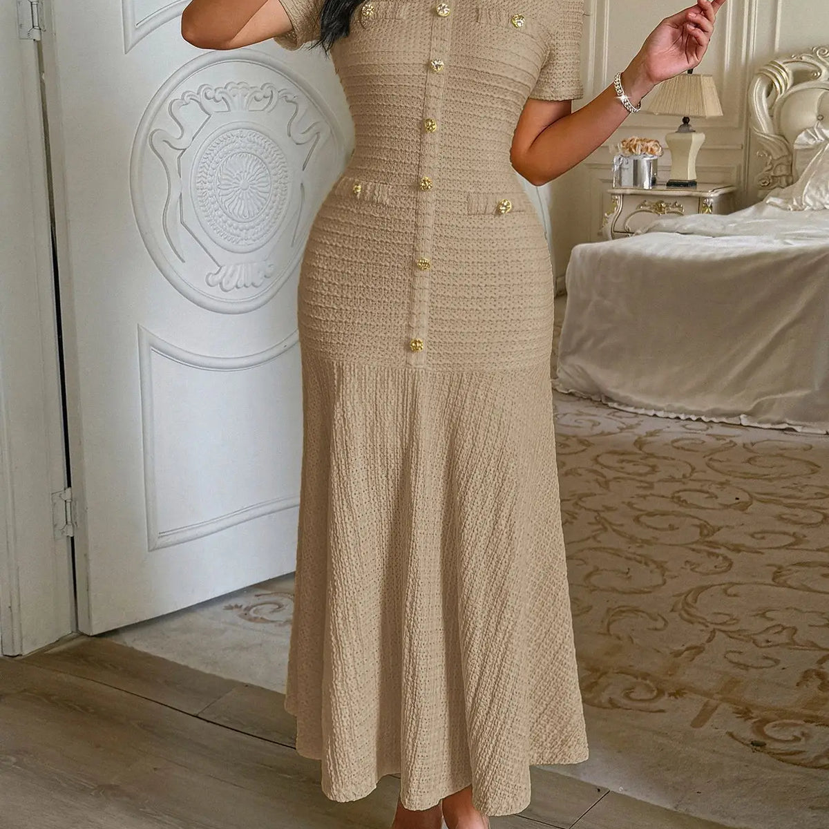 Short Sleeve Gold Button Fitted Flared Hem Midi Party Dress | Selene Collection