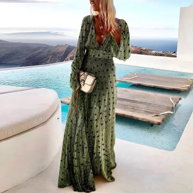 Shimmer Deep V-Neck Long Sleeve Maxi Evening Dress | Serenya Collection 0
