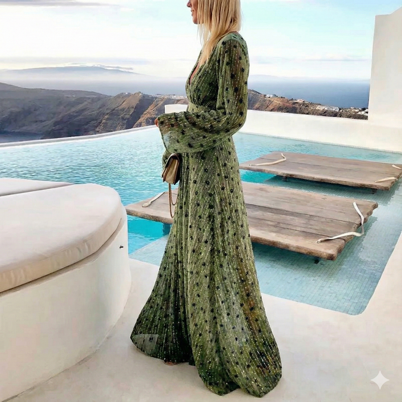Shimmer Deep V-Neck Long Sleeve Maxi Evening Dress | Serenya Collection 1