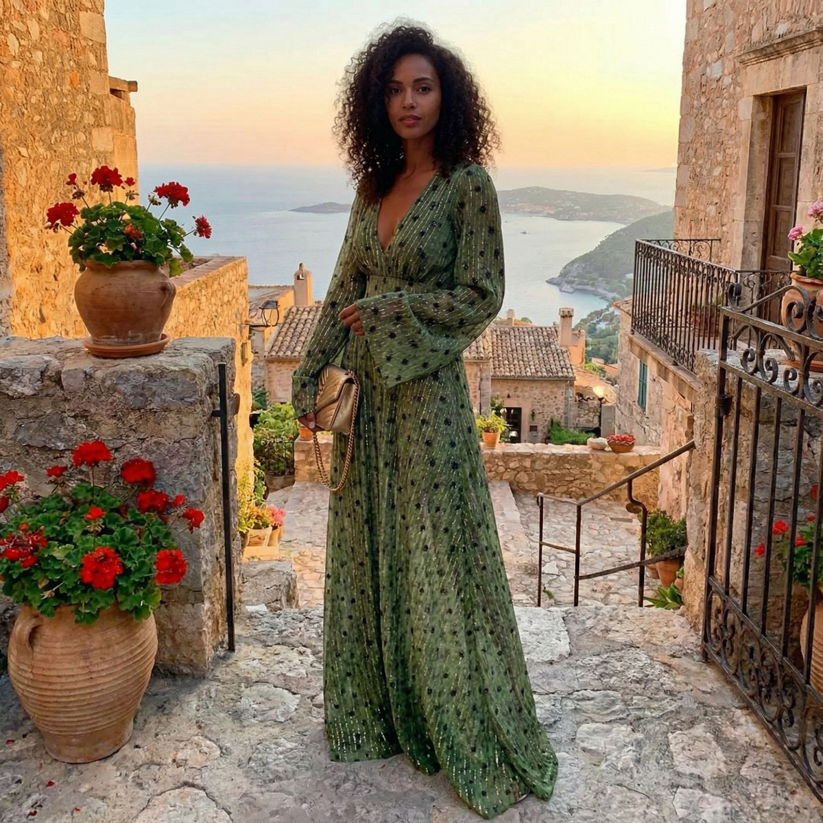 Shimmer Deep V-Neck Long Sleeve Maxi Evening Dress | Serenya Collection 3