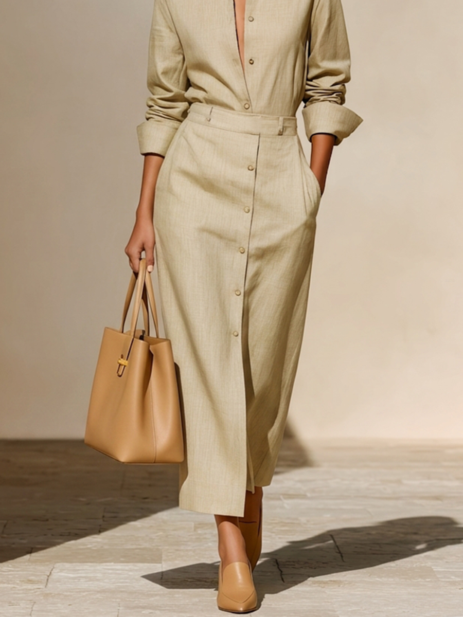 Soft Beige Minimalist Turn-Down Collar Long Sleeve Relaxed Fit Women's Suit for Work | Mistral Collection 3