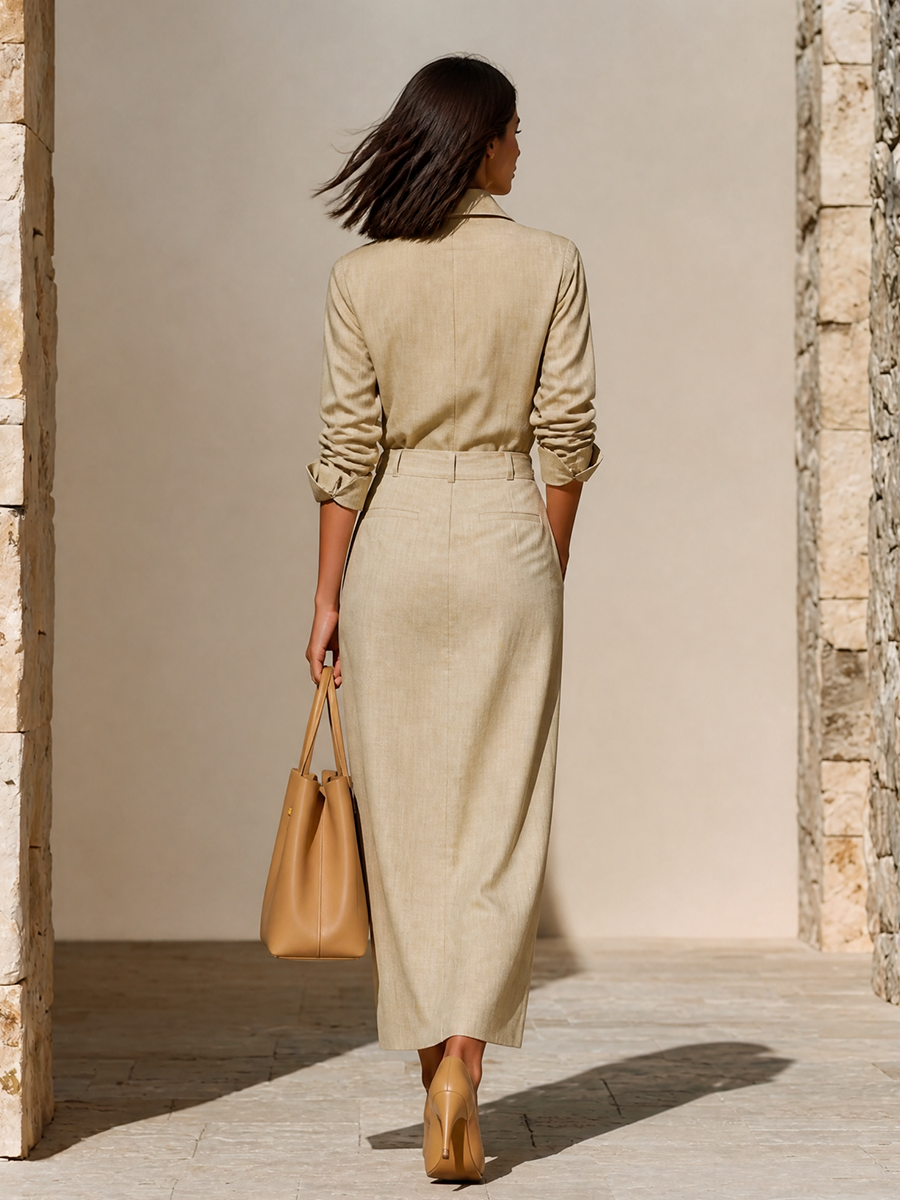 Soft Beige Minimalist Turn-Down Collar Long Sleeve Relaxed Fit Women's Suit for Work | Mistral Collection 4