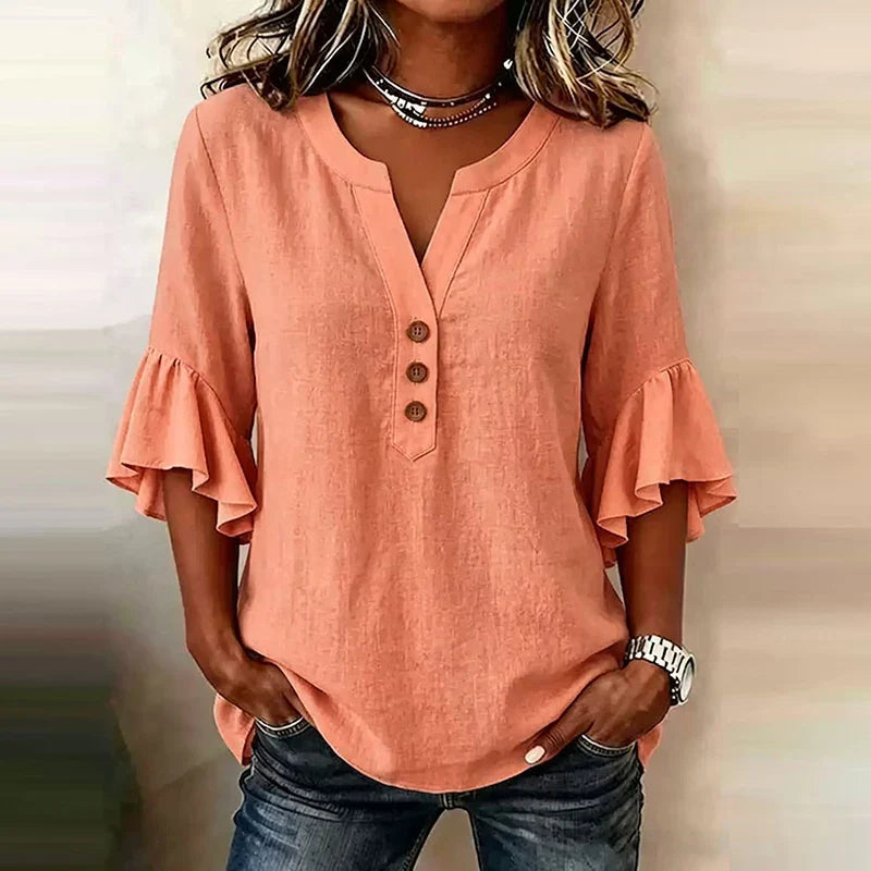 Solid Color V-Neck 3/4 Sleeve Loose Blouse for Women | Sorelle Collection 0