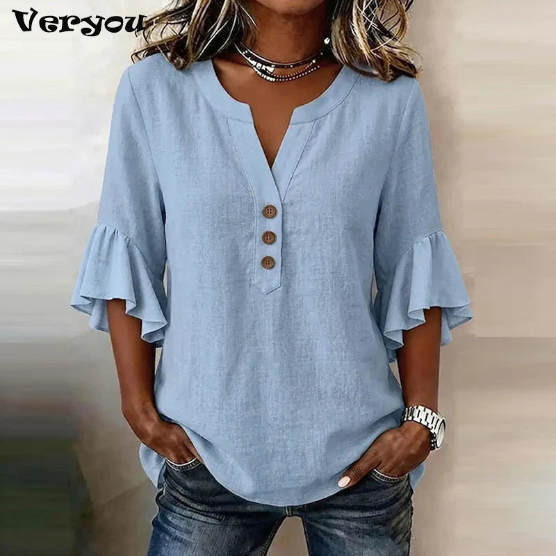 Solid Color V-Neck 3/4 Sleeve Loose Blouse for Women | Sorelle Collection 1