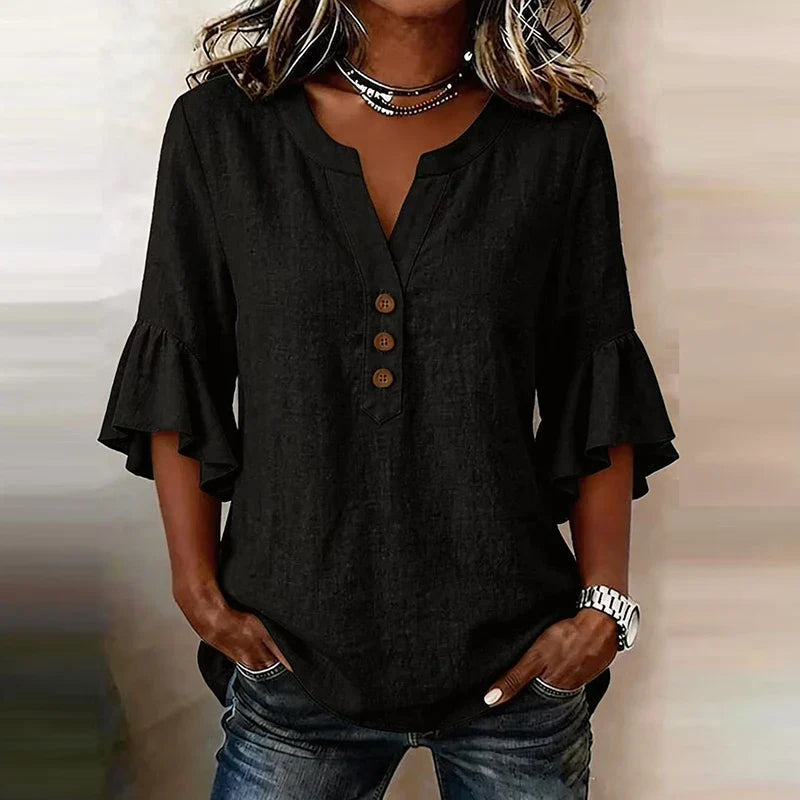 Solid Color V-Neck 3/4 Sleeve Loose Blouse for Women | Sorelle Collection 14