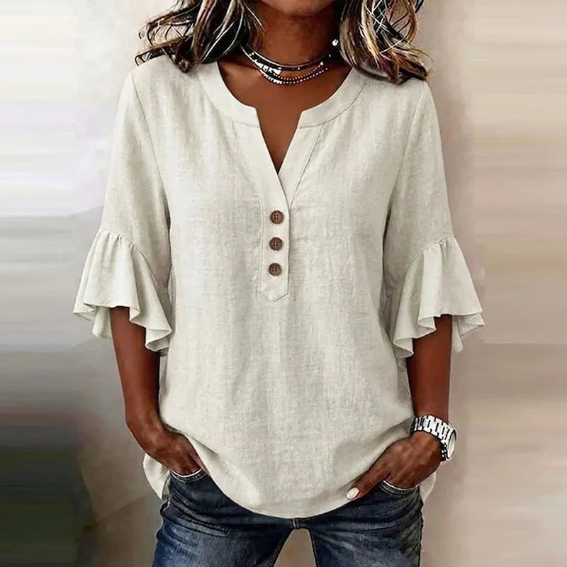 Solid Color V-Neck 3/4 Sleeve Loose Blouse for Women | Sorelle Collection 2